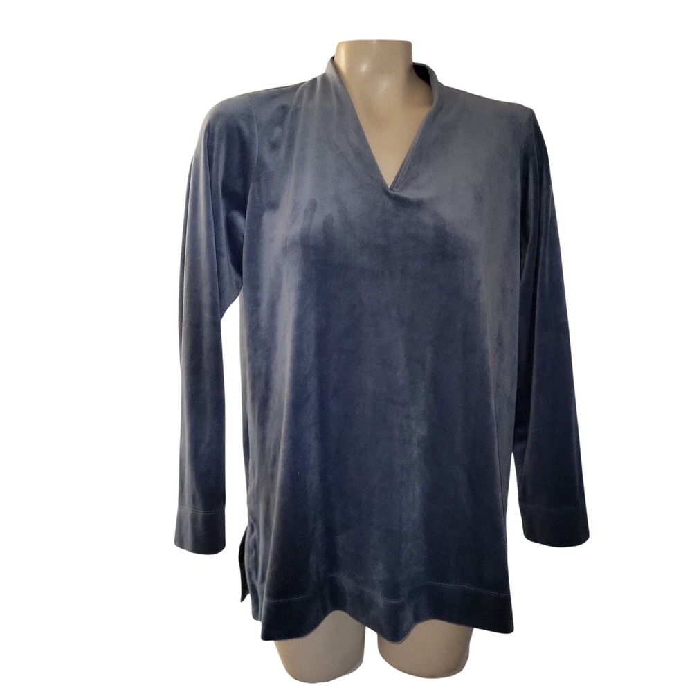 pure jill Velour V Neck Long Sleeve Tunic‎ Top Shirt Blue S momcore grandmacore